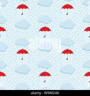 Summer rainy day sky cute vector seamless pattern with fluffy clouds and red umbrella on blue heaven background. Stock Vector