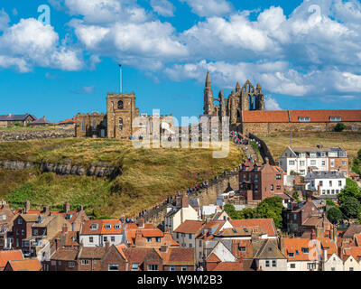 Whitby Abbey and St Mary's church with steps leading up from town centre. Stock Photo