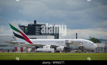Glasgow, UK. 4 June 2019. Emirates Airbus A380 Super Jumbo seen at Glasgow departing for Dubai.  Credit: Colin Fisher/CDFIMAGES.COM Stock Photo