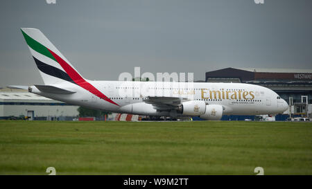 Glasgow, UK. 4 June 2019. Emirates Airbus A380 Super Jumbo seen at Glasgow departing for Dubai.  Credit: Colin Fisher/CDFIMAGES.COM Stock Photo