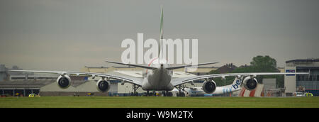 Glasgow, UK. 4 June 2019. Emirates Airbus A380 Super Jumbo seen at Glasgow departing for Dubai.  Credit: Colin Fisher/CDFIMAGES.COM Stock Photo