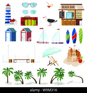 Summer holiday set isolated on white background: sailboat, surf board, sand castle, chaise lounge, hut, seagull, beach bar, palms. sunglasses Stock Vector