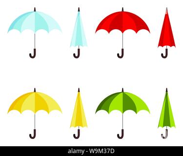 Set of colored flat design vector illustration of classic elegant opened and closed blue, red, yellow, green umbrella cane icon Stock Vector
