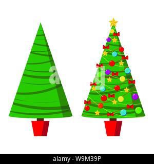 Icon set with green spruse and decorated christmas tree in a pot with star, decoration balls and bows Stock Vector