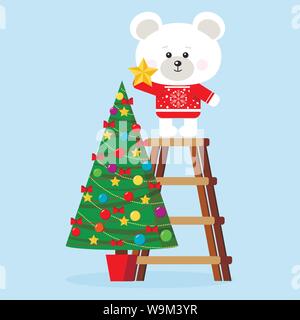 Christmas character cute polar bear in red sweater puts star on a top of decorated christmas tree Stock Vector