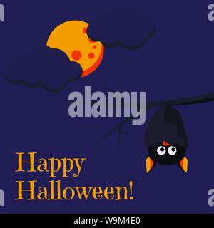 Beautiful cartoon style Happy Halloween greeting card with cute black bat hanging upside down on a branch Stock Vector