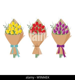 Set of beautiful bouquet of yellow, red, purple tulips in kraft paper packaging isolated on white background, Cartoon style flat design vector Stock Vector