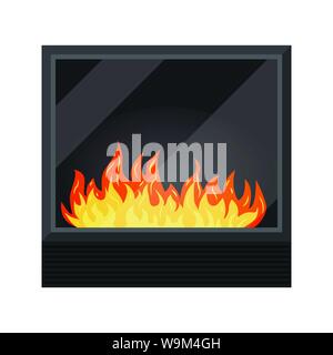 Icon of black modern electric or gas cozy fireburning fireplace isolated on white background, Heating system, Element of winter interior scene design Stock Vector