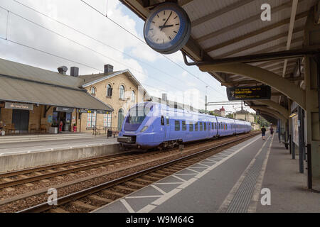 Lund Railway station Sweden - a local train arriving at the rail station, Lund Sweden Scandinavia Europe. Example of swedish public transport Stock Photo