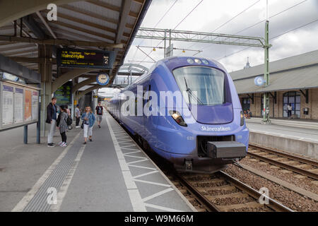 Lund Railway station Sweden - a local train arriving at the rail station, Lund Sweden Scandinavia Europe. Example of swedish public transport Stock Photo