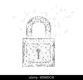 Closed lock from grey triangles and luminous points on white background. Protection concept. Safety of information and data.  black-and-white Polygona Stock Photo