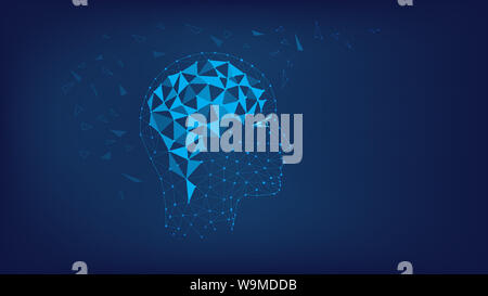 Silhouette of polygonal head and brain. Polygonal illustration of triangles and points. Concept of thinking human, visualization of process of thinkin Stock Photo