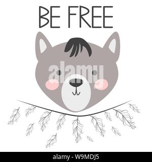 Cute sweet little wolf smiling face with feathers. Inscription quote Be Free. Graphic design. Stock Vector