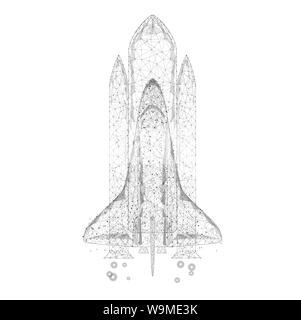 Polygonal illustration Shuttle launch from triangles and luminous points. Successful startup concept. Black and white. Low poly. Stock Photo