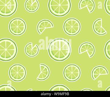 Vector seamless pattern with lime slices isolated on green background. Endless texture. Decor for cafe, bar, fruit shop.Citrus fruit print. Cover for Stock Vector
