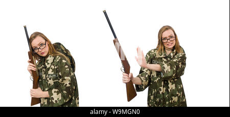 The girl in military uniform holding the gun isolated on white Stock Photo