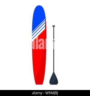Isolated on white background flat style red and blue standup surfboard for paddleboarding -longboard with black paddle. Stock Vector