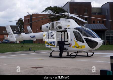 Arras, Hauts-de-France/France-March 11 2019: Air ambulance based at Arras Hospital in northern France Stock Photo