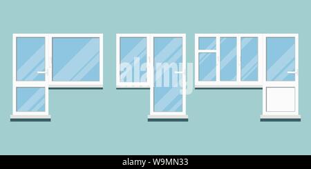 Set of isolated white plastic pvc different balcony door and block with room windows with handle, glare on glass Stock Vector
