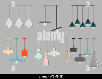 Modern scandinavian style colorfull ceiling lamp set with glowing bulbs Stock Vector