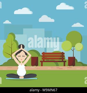 Smiling pregnant woman meditating and relaxing in park. Stock Vector