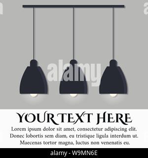 Isolated on grey wall background black modern scandinavian style lamp with three glowing light bulbs Stock Vector