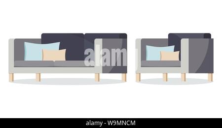 Isolated icons of grey color soft sofa and armchair set on white background with decorative cushions. Stock Vector