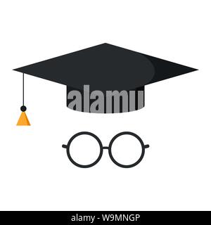 Black graduate hat or cap with tassel, glasses flat design icon. Stock Vector