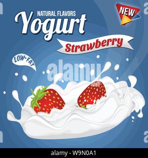 Strawberry yogurt background for packaging or advertising, vector illustration Stock Vector