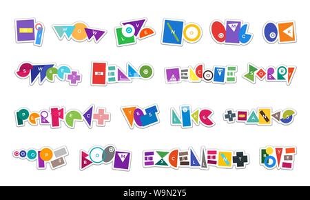 Message abstract sticker label set for social media network chat. Simple colorful shape emoticon words graphic badge template collection. Vector talk text element illustration Stock Vector