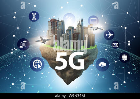 The concept of 5g technology with floating island Stock Photo