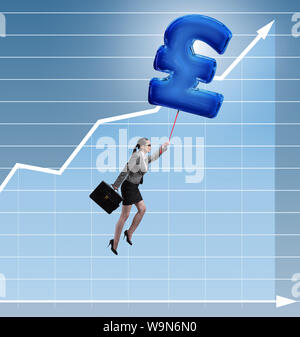 Businesswoman flying on british pound sign inflatable balloon Stock ...