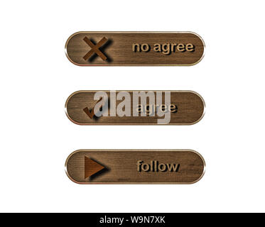 Illustration. Set wooden web buttons with icons and inscriptions isolated on white background. Stock Photo