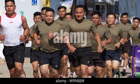 Sandgate, Kent/UK-July 22 2019: Nepalese soldiers of the Royal Gurkha Rifles on a training run along the Kent coast Stock Photo