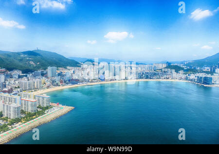 Aeril View of Sunny Summer Gwangalli Beach, Busan, South Korea, Asia. Stock Photo