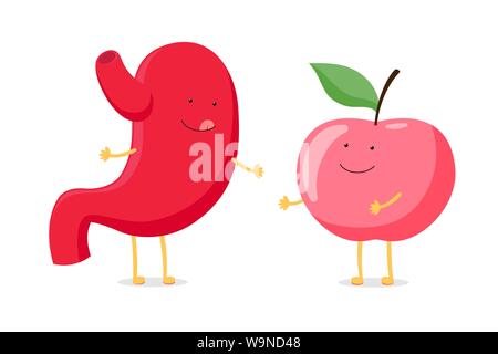 Strong healthy happy stomach smiling licking lips yummy emotion character with red apple. Human digestive tract system organ with eco food nutrition. Vector vegetable illustration Stock Vector