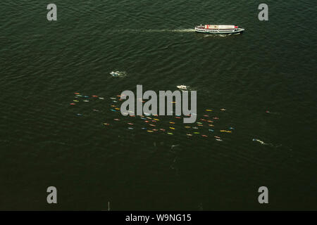 Huge group of peoples float on kayaks by the Manhattan , Look from top of One World Observatory Stock Photo