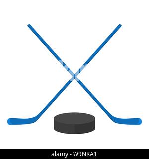 Crossed red hockey sticks and puck. Vector flat illustration Stock Vector