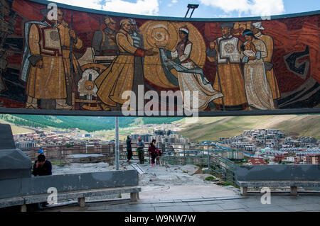 Heroic Soviet-era mural at the Zaisan Memorial, Ulaanbaatar, Mongolia Stock Photo