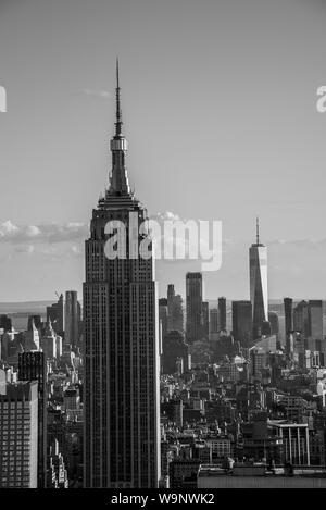 NYCs lower Manhattan with the Empire State Building from a high up point in Midtown Stock Photo