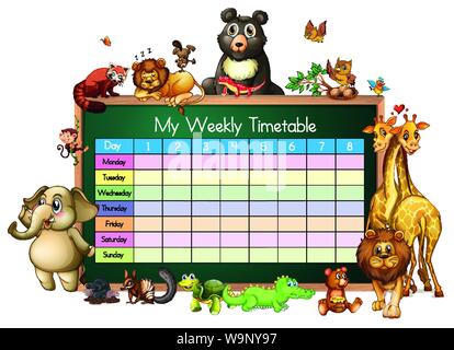 Timetable template with many animals on white background illustration Stock Vector