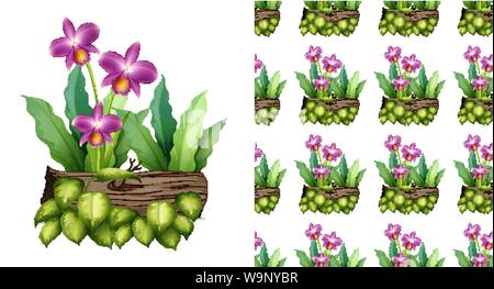 Seamless background design with orchid flowers on log illustration Stock Vector