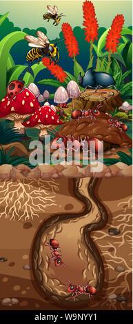 Nature scene with ant maze and flowers illustration Stock Vector