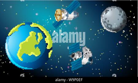 Satellites around earth scene illustration Stock Vector
