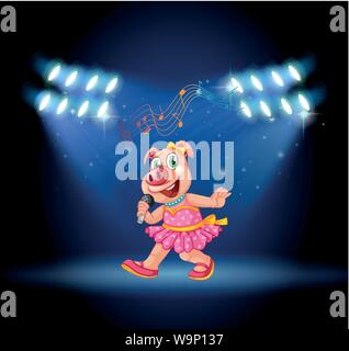 Cute pig singing and dancing on stage sith lights illustration Stock Vector
