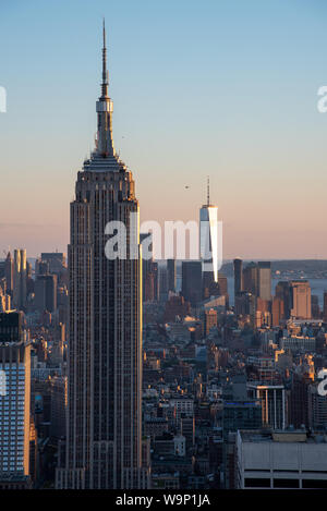 NYCs lower Manhattan with the Empire State Building from a high up point in Midtown Stock Photo