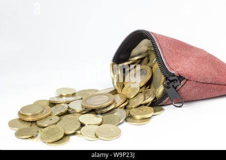 Coin purse filled with coins isolated Stock Photo
