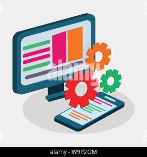 isometric computer and smartphone application development concept vector illustration Stock Vector
