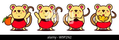 Cartoon cute rat set with Chinese Dodou costume. Chinese New Year. The year of rat. - Vector Stock Vector