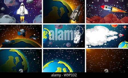 Large set of space scenes illustration Stock Vector